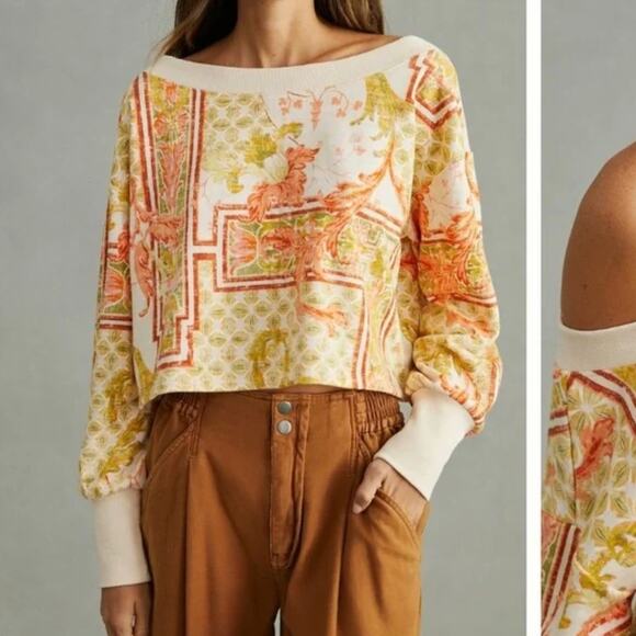 ANTHROPOLOGIE x DAILY PRACTICE Cropped Off Shoulder Sweatshirt Orange Sz L {3W5} - Picture 3 of 9